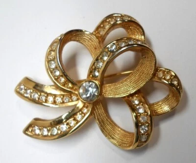 Broche/broche arco cristais swarovski vintage tom dourado com strass branco 2" Lg - Imagem 1 de 4