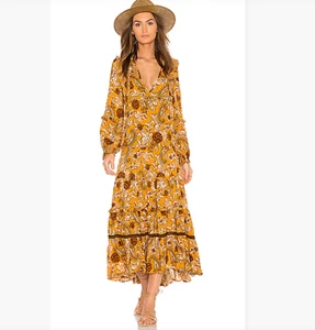 Spell Etienne Maxi Dress Gown Boho Tiered Sienna Yellow Floral Long Sleeve S - Picture 1 of 8