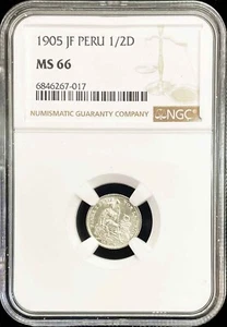 1905 JF SILVER PERU 1/2 DINERO SEATED LIBERTY COIN NGC MINT STATE 66 - Picture 1 of 2