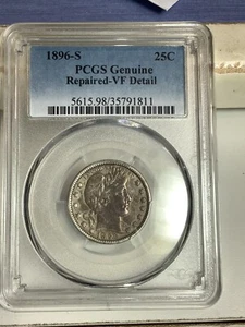 1896-S 25c ULTA RARE PCGS GENUINE Very Fine VF DETAIL Barber Quarter - Picture 1 of 4