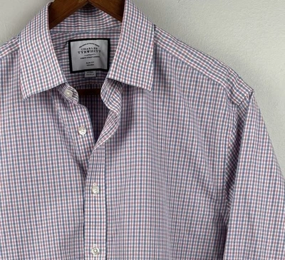 Charles Tyrwhitt Dress Shirt Men 17/36 Slim Fit  Blue Red Crosshatch Cotton - Image 1 of 4