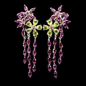 925 Sterling Silver Earrings Pear Peridot Rhodolite Natural Gemstone Jewelry - Picture 1 of 14