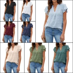 Damen Sommer-Freizeit V-Ausschnitt Kurzarm-Top Chiffon-Shirt Schößchenshirt - Bild 1 von 15