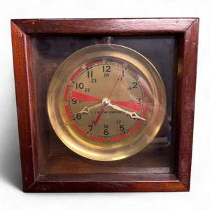 Vintage US Maritime Commission Messing Quarz Uhr im Holzgehäuse - Bild 1 von 16