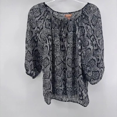 Blusa Ellen Tracy con estampado de piel de serpiente para mujer grande cuello corbata transparente manga 3/4 Foto 1 de 4