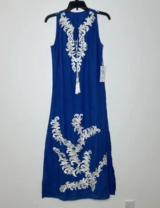 New Tashia London Blue Beach Dress Size S Embroidered Linen - Picture 1 of 7