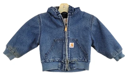 VINTAGE CARHARTT DENIM JACKET TODDLER SIZE HOODED BLANKET LINED BLUE (0-3T) - Image 1 of 4