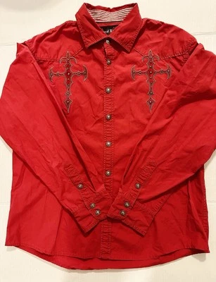 House of Lords Red Long Sleeve Embroidered Cross Button Up Shirt XL - Image 1 of 4