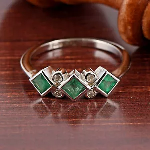 Natürlicher grüner Smaragd Edelstein Diamant Damen Ewigkeit Band Ring Sterlingsilber - Bild 1 von 8