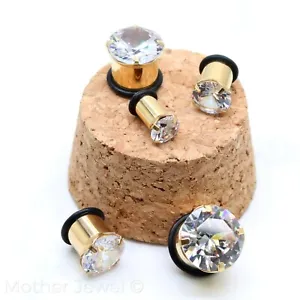 LARGE SIMULATED DIAMOND 14K YELLOW GOLD IP SCREW FLESH TUNNEL EAR PLUG SPACER - Picture 1 of 14