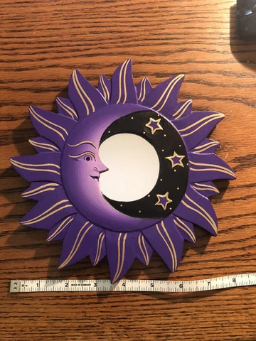 MOON & STARS MIRROR 8” Hand Carved & Painted NEW PURPLE Cover