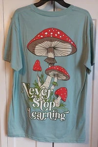 Men's GSTR Blue Mushroom Floral Never Stop Learning T-shirt L NWT - Picture 1 of 4