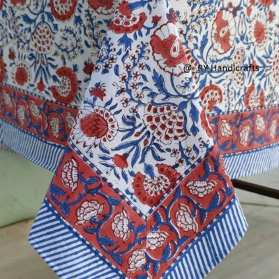Pink & Blue Indian hand Block Print tablecloth Floral Cotton Custom Table cover - Image 1 of 4