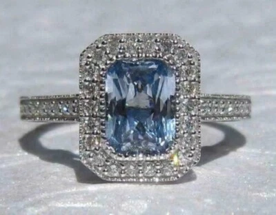 2.36Ct Real Aquamarine & Lab Created Diamond Engagement Ring 925 Sterling Silver - Image 1 of 4