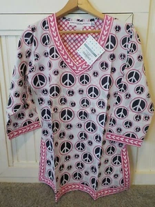 $89 NWT Gretchen Scott Women's 3/4 Sleeve Cotton Peace Tunic Top XS Pink/Navy - Picture 1 of 5