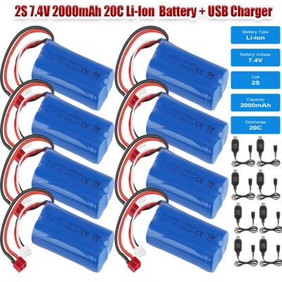 7,4 V, 2000 mAh, 2S, 20 C, T-Stecker wiederaufladbare Li-Ion-Akkus mit USB DHL - Bild 1 von 4