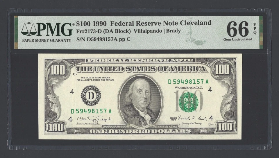 United States-Federal Reserve 100 Dollars 1990 Fr#2173-D (DA Block) UNC Grade 66 - Image 1 of 2