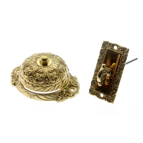 Doorbell Mechanical Twist Door Bell Victorian Durable Polished Brass Ornate NEW Cover