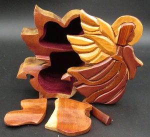 Hand Carved Wooden Angel Trinket Treasure Puzzle Box Hand Made Christmas - Picture 1 of 11