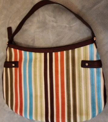 Liz Claiborne Broadway Handbag Canvas Med Size Multi-Colored Leather Strip Fall  - Image 1 of 4