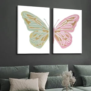 Arte de pared mariposa minimalista dorado brillante y blanco 2 piezas lienzo sin marco - Imagen 1 de 6