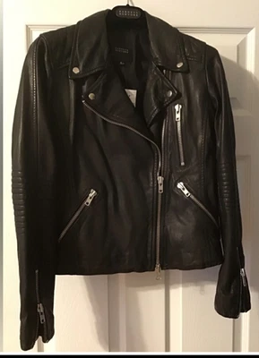 Chaqueta de moto de cuero negra súper suave Barney's New York para mujer talla pequeña Foto 1 de 4