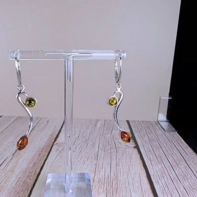 NWOT Amber & Sterling Silver Drop Earrings With Green & Cognac Stones - Image 1 of 4