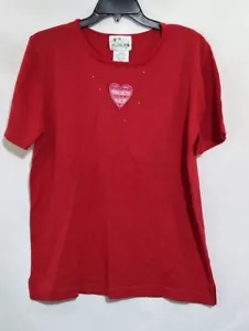 The Quacker Factory Heart Valentine Short Sleeve Sweater w/ Chenille Trim Large - Picture 1 of 7