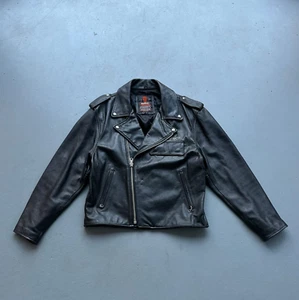 VTG Chevignon Mens Heavyweight Black Leather Biker Jacket Size XL 40s Style HD - Picture 1 of 6