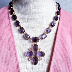 925 Sterling Silver 18" Chunky Purple Flower Pendant Necklace Womens Oval Cut - Picture 1 of 15