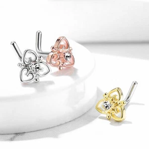 3 Pc CZ Heart Filigree Top Surgical Steel L Bend Nose Screw Ring Piercing 20g - Picture 1 of 4