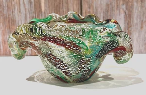 Vintage Murano Clear Unique Tutti Frutti Silver Flake Art Glass Shape of a Clam - Picture 1 of 10