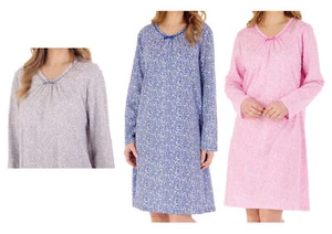 Nightdress Womens Long Sleeve Slenderella Ditsy Floral Jersey Cotton Nighty - Picture 1 of 36