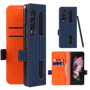 Real Leather Flip Wallet Case with Pen slot for Samsung Galaxy Z Fold 3 4 5 6 5G - Picture 1 of 23