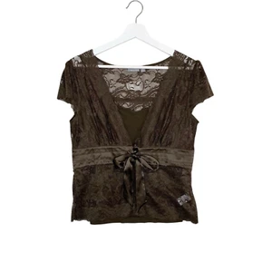 Apt 9 Top Womens Medium Y2k Lace Lined Satin Tie Brown Short Sleeved Blouse - Picture 1 of 13