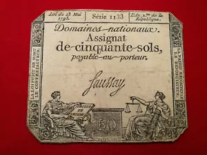ASSIGNAT de CINQUANTE-SOLS / Loi du 23 Mai 1793 / Série 1133 / signé FAUSSAY - Picture 1 of 2