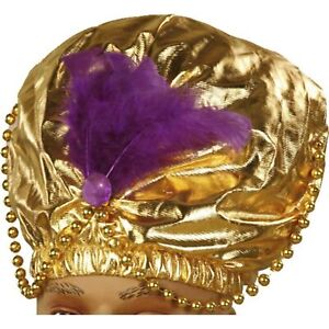 Genie Turban Adult Costume Hat Gold Sheik Karnak Sultan Swami Purple Feather Gem