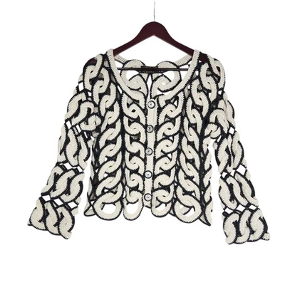Vintage Rico International Cotton Crochet Ring Circle Jacket Cardigan Black Wht  - Image 1 of 4