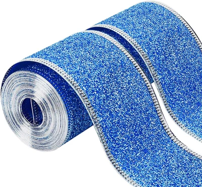 20 Yards Blue Glitter Wired Ribbon with Sliver Metallic Edge, 2 Inch Christma... - Image 1 of 4