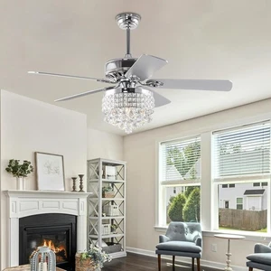 52Inch Crystal Ceiling Fan with Lights, 5 Wood Blades and 52 Inch, Chrome  - Picture 1 of 8