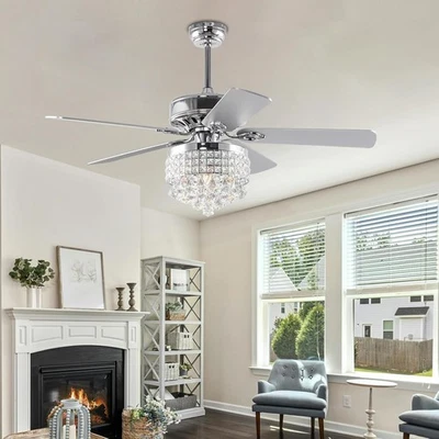52Inch Crystal Ceiling Fan with Lights, 5 Wood Blades and 52 Inch, Chrome  - Image 1 of 4