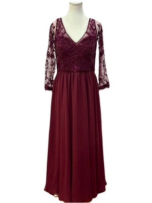 Morilee by Madeline Gardner Wedding Guest Burgundy Maxi Dress Size 12 Beads - Image 1 of 4