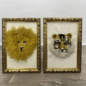 Set/2 Vntg 7” Crewel Lion Tiger Embroidered Gold Framed Finished 1970s Art Decor - Picture 1 of 8
