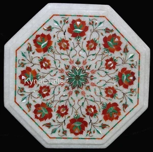 White Marble Coffee Table Top Gemstone Inlay Work Sofa Side Table for Hallway - Picture 1 of 5