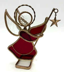 Vintage Red Stained Glass Angel Figurine Fishing Star Brass Metal Suncatcher - Picture 1 of 18