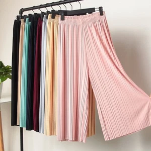 Donna Gamba Larga Chiffon Pantaloni Plissettato Palazzo Elastico Vita Estate - Imagen 1 de 18
