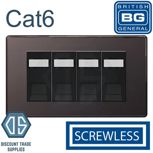 BG Screwless Black Nickel 4 Gang RJ45 Cat6 Data Socket Outlet Black Flatplate - Afbeelding 1 van 1