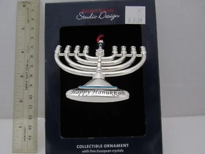 JEWISH MENORAH HAPPY HANUKKAH Holiday Ornament Silver Plated 3" Ornament - Picture 1 of 5