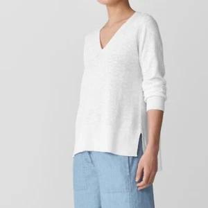 Eileen Fisher White Organic Cotton Linen Slub V-Neck High Low Top size Medium - Picture 1 of 13