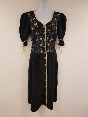 Vestido Vintage Midi Negro Dirndl Talla 16 Bolsillos Algodón Lino Viscosa Mezcla Inteligente Foto 1 de 4